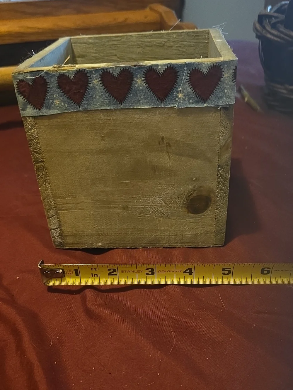 Rustic Wooden Cube Planter with Red Heart Trim